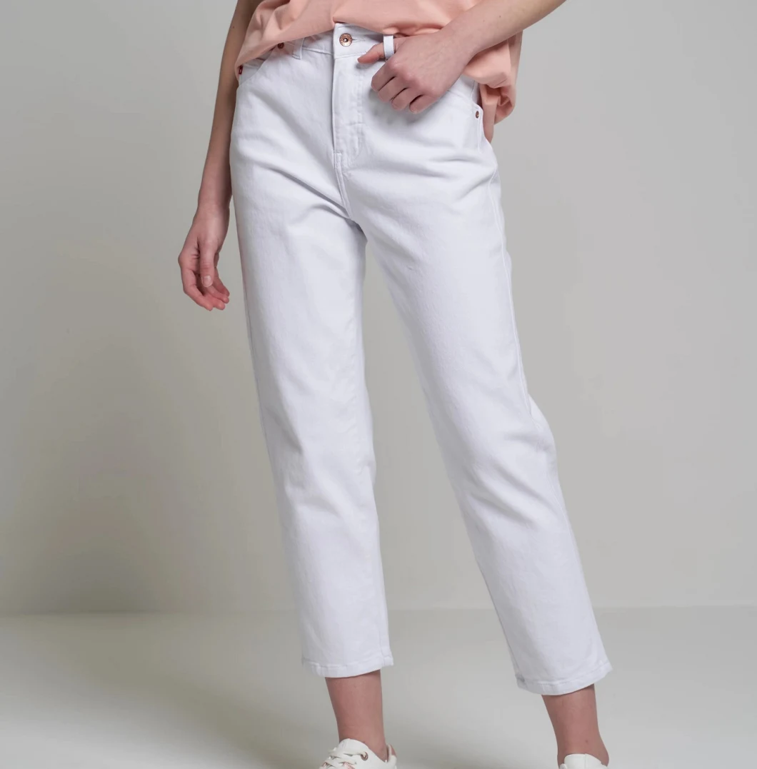 Ladies White Color Twill Pants Straight Leg High Rise Cotton and Elastane Women′ S Trousers