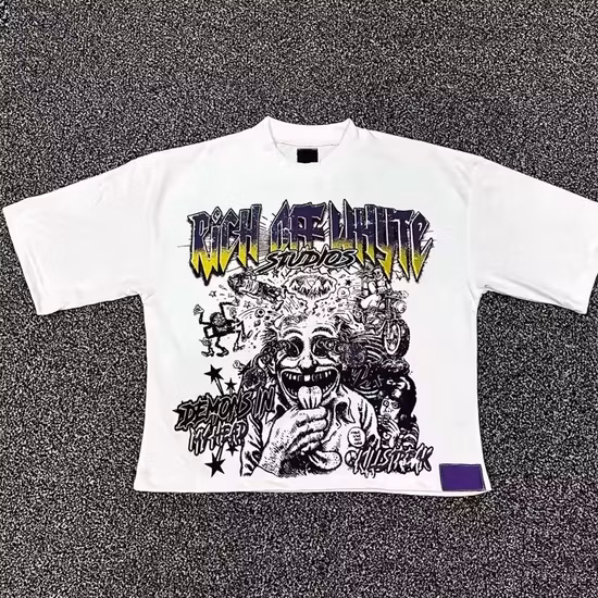Camisetas con estampado de soplo 100% de algodón con logotipo personalizado para hombre, camiseta de punto de Hip Hop, camisetas con estampado 3D de alta calidad para niños, cuello redondo