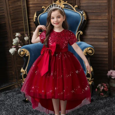 Vestido de noche con capas esponjosas para niñas con bordado morado